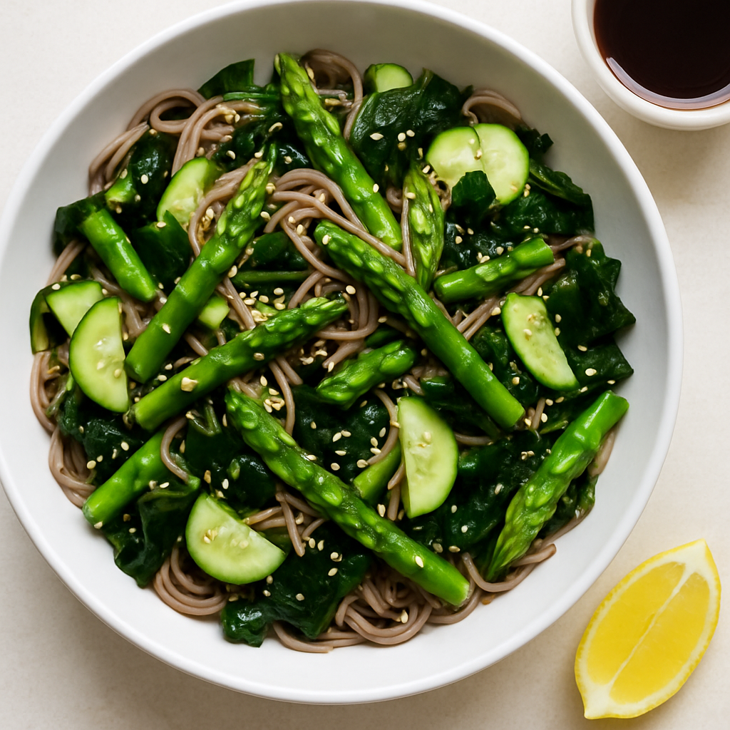 Ensalada de Soba con Algas, Pepino y Espárragos