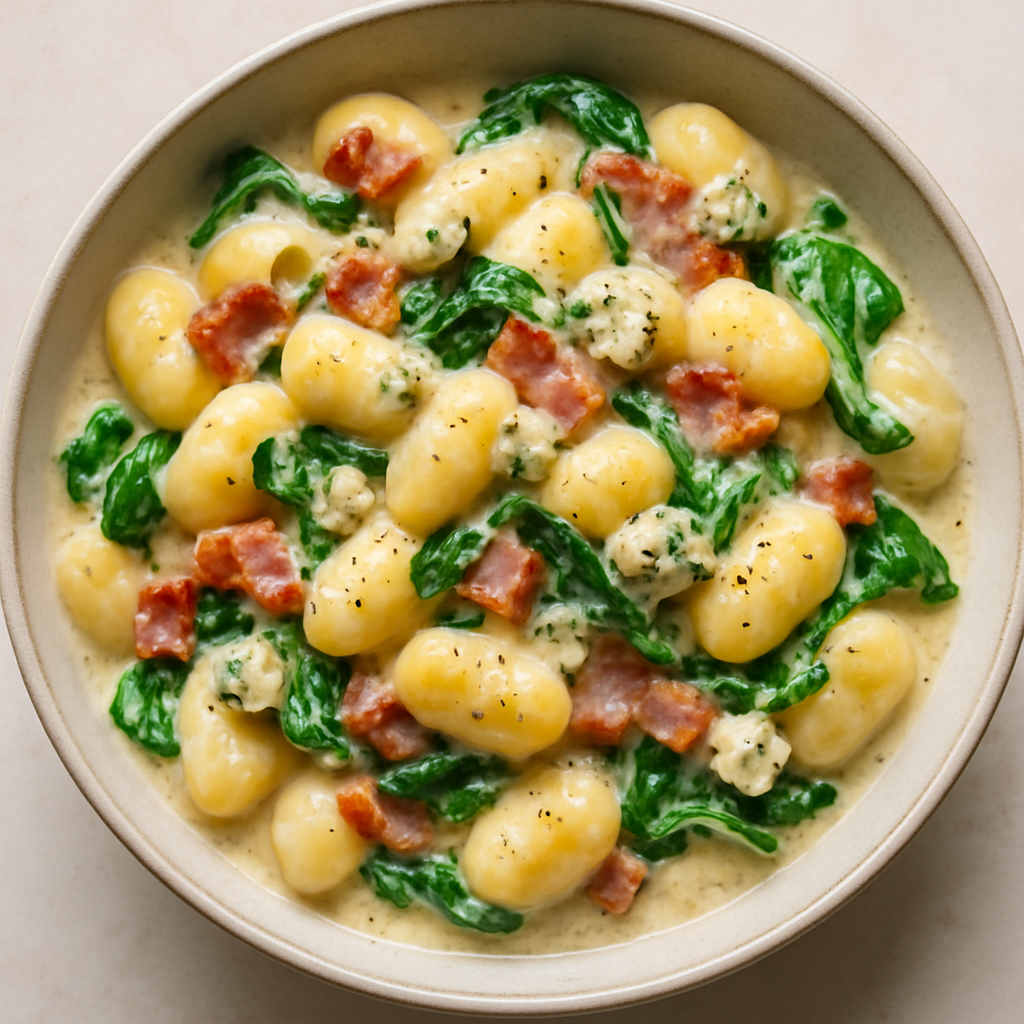 Ñoquis con Tocino, Espinaca y Queso Azul