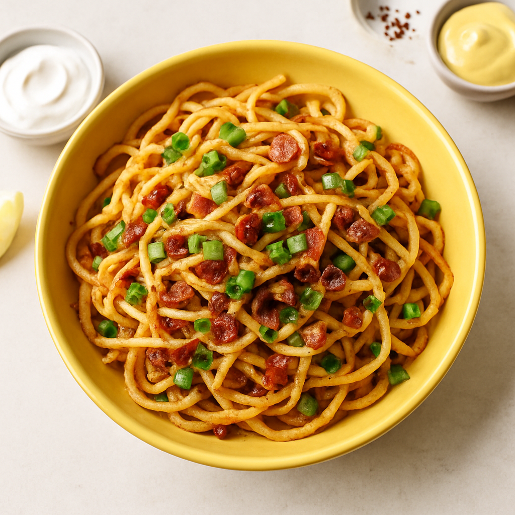 Fideos de Papa con Tocino y Cebolletas