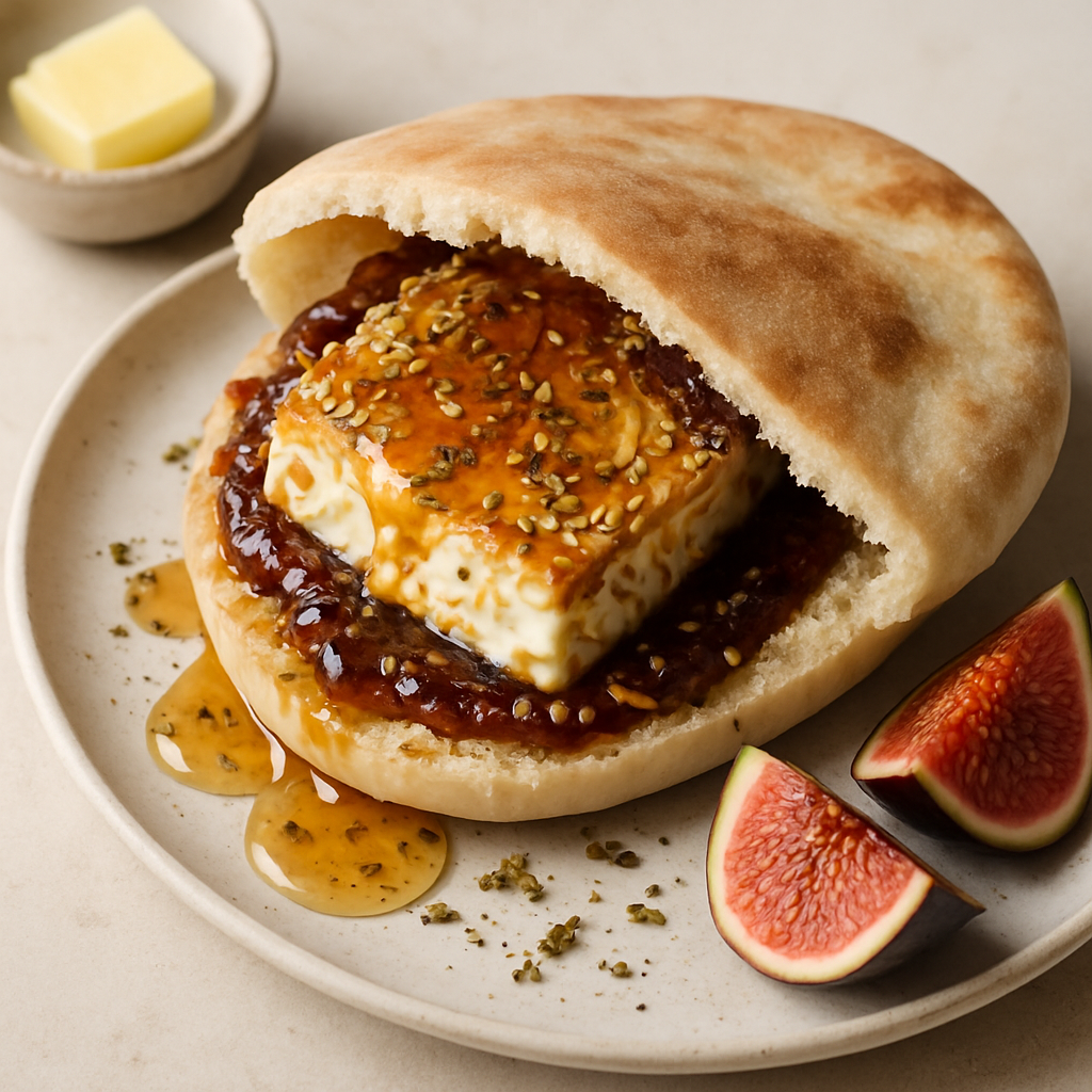 Sándwich de Pita con Queso Feta Crujiente de Sésamo y Mermelada de Higos