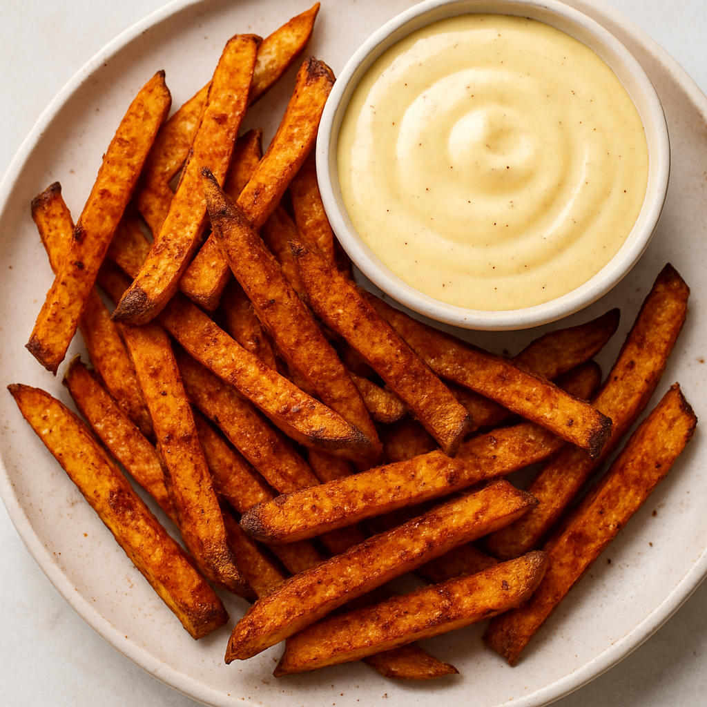 Baked Spicy Fries with Garlic Cheese Sauce