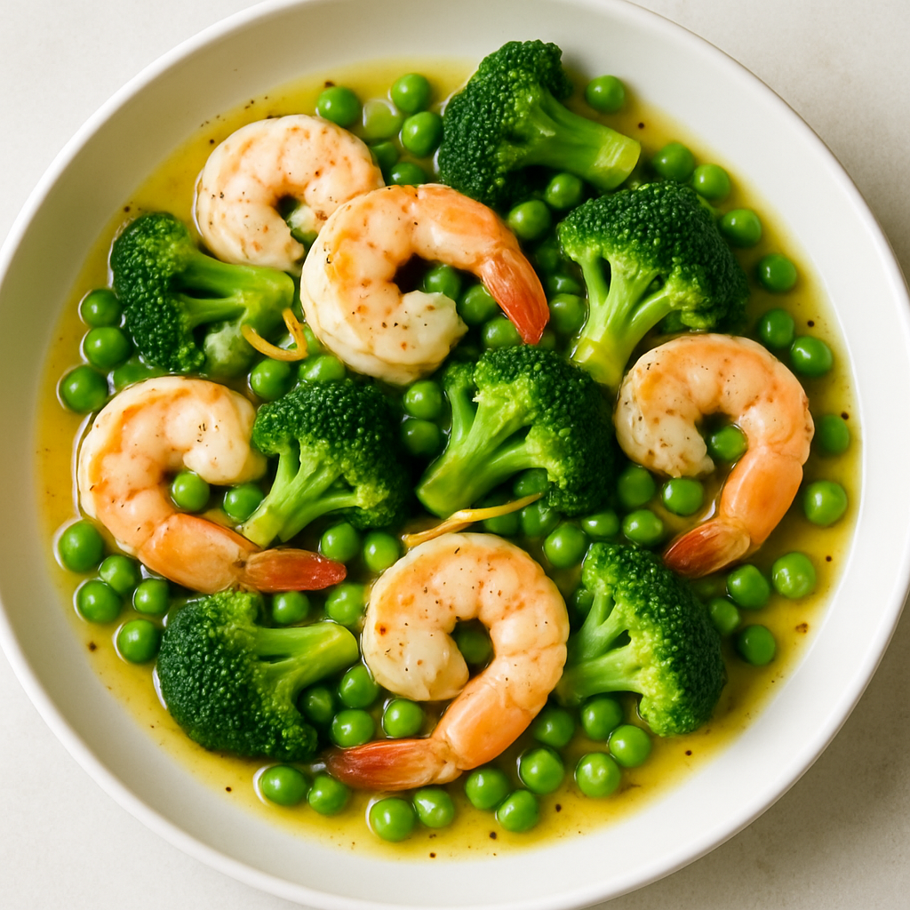 Camarones Salteados al Limón con Brócoli y Guisantes
