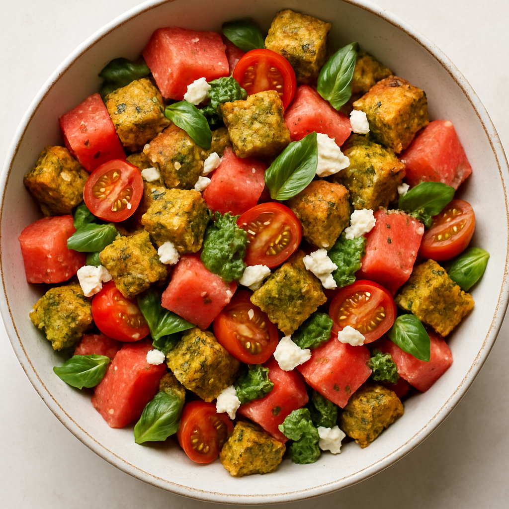 Summer Panzanella with Watermelon, Pesto Cornbread, and Feta