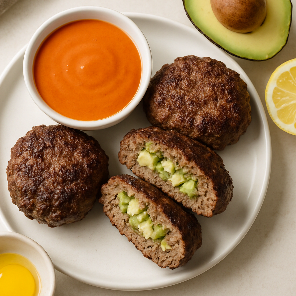 Avocado Goat Cheese Stuffed Burgers with Sriracha Dipping Sauce