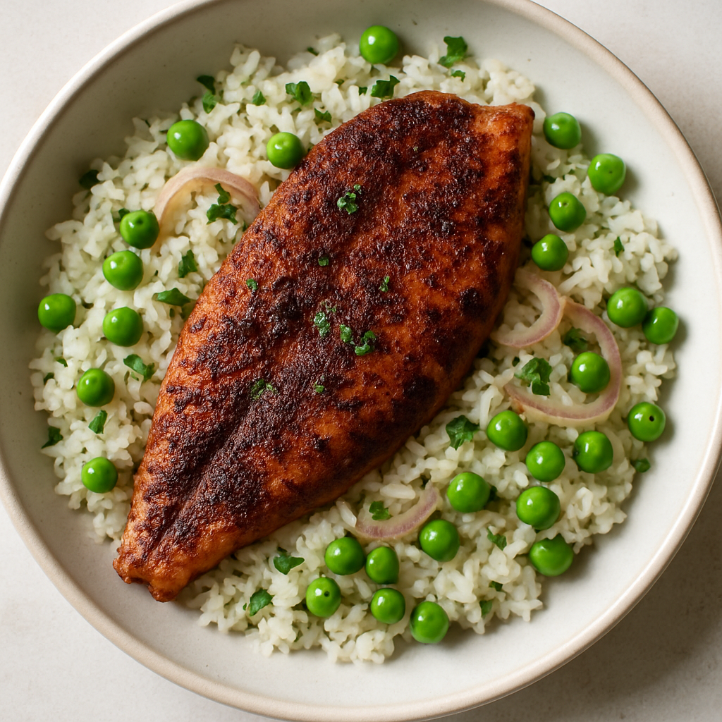 Pescado Blackened Criollo con Arroz Aromático y Guisantes