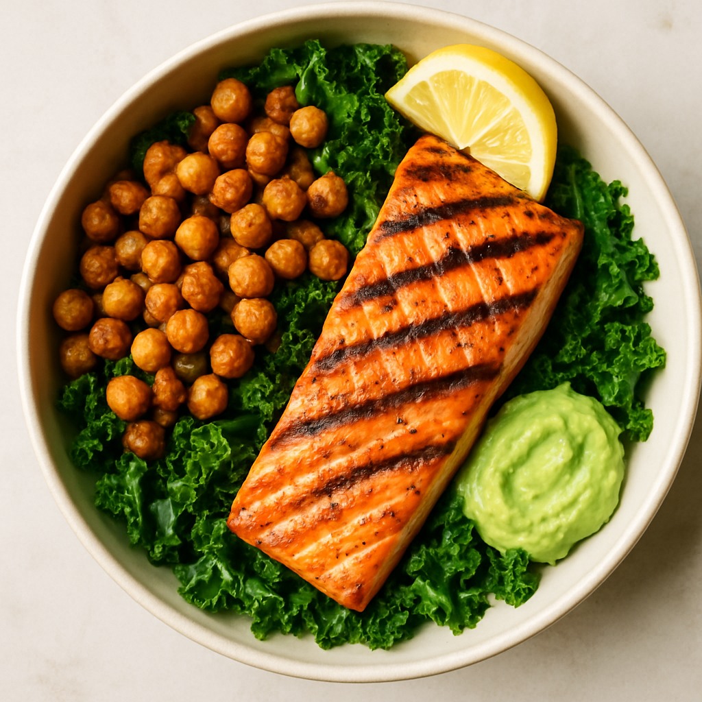 Grilled Salmon Salad with Crispy Chickpeas and Avocado Dressing