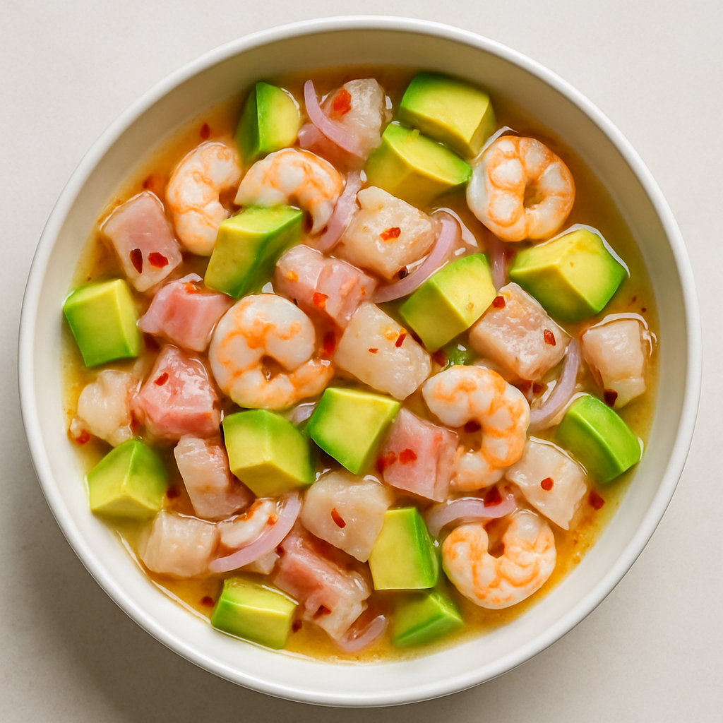 Ceviche de Huachinango y Camarones con Aguacate