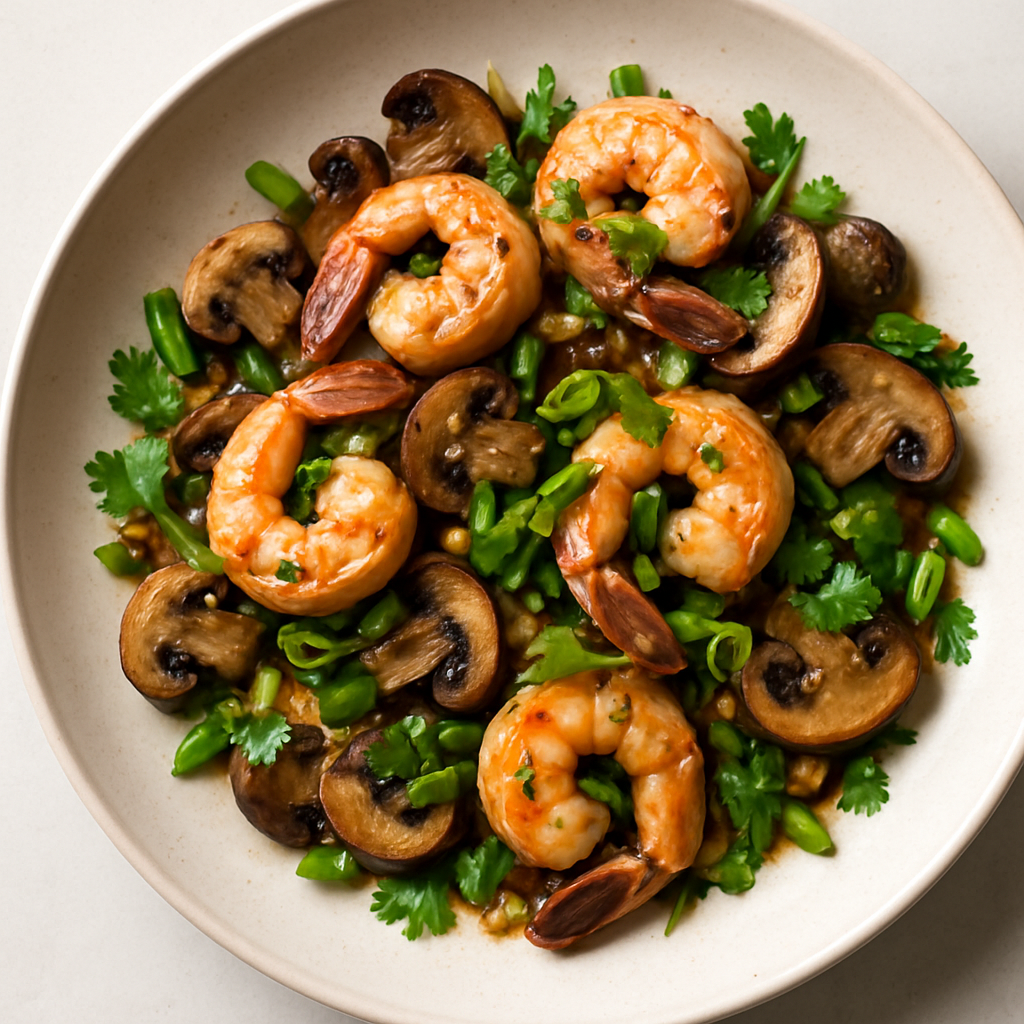 Roasted Shrimp and Mushrooms with Ginger and Green Onions