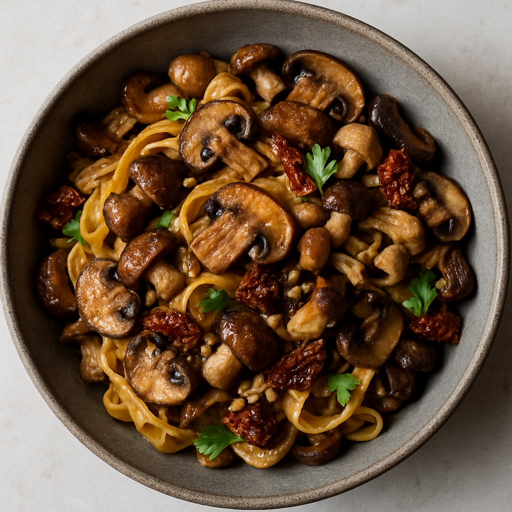 Fresh Tagliatelle with Sun-Dried Tomatoes and Four Mushrooms