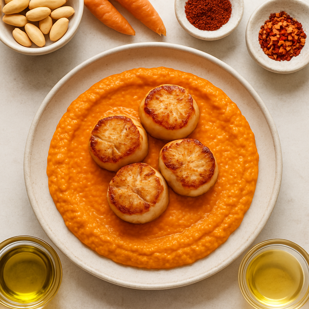 Pan Seared Scallops with Carrot Romesco Sauce