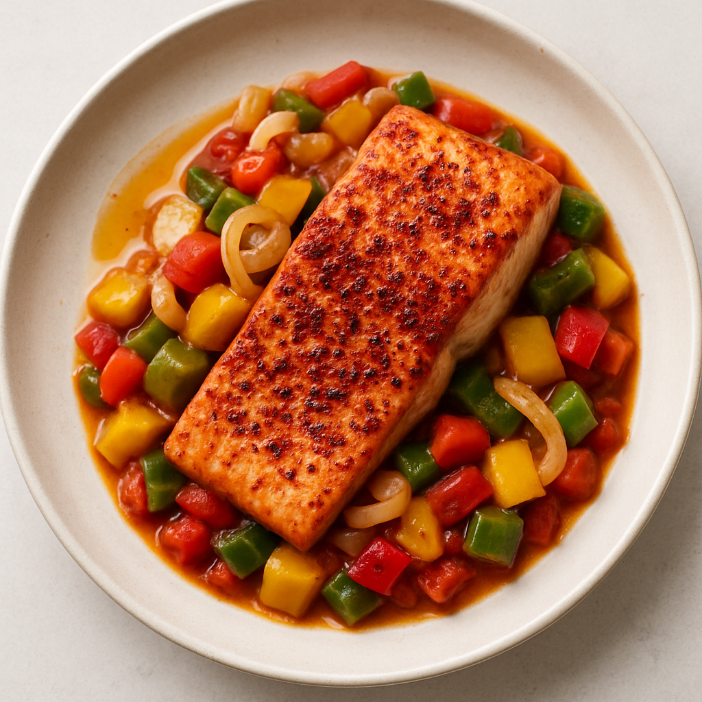 Stoplight Piperade with Spicy Broiled Salmon