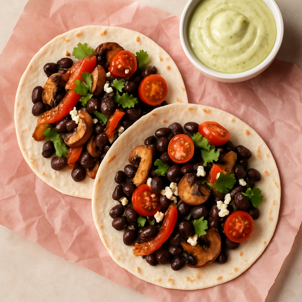 Roasted Vegetable & Black Bean Tacos with Avocado Crema