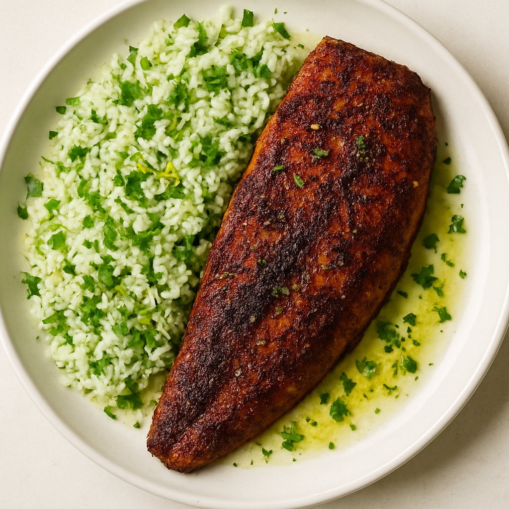 Pescado Chamuscado con Arroz Verde