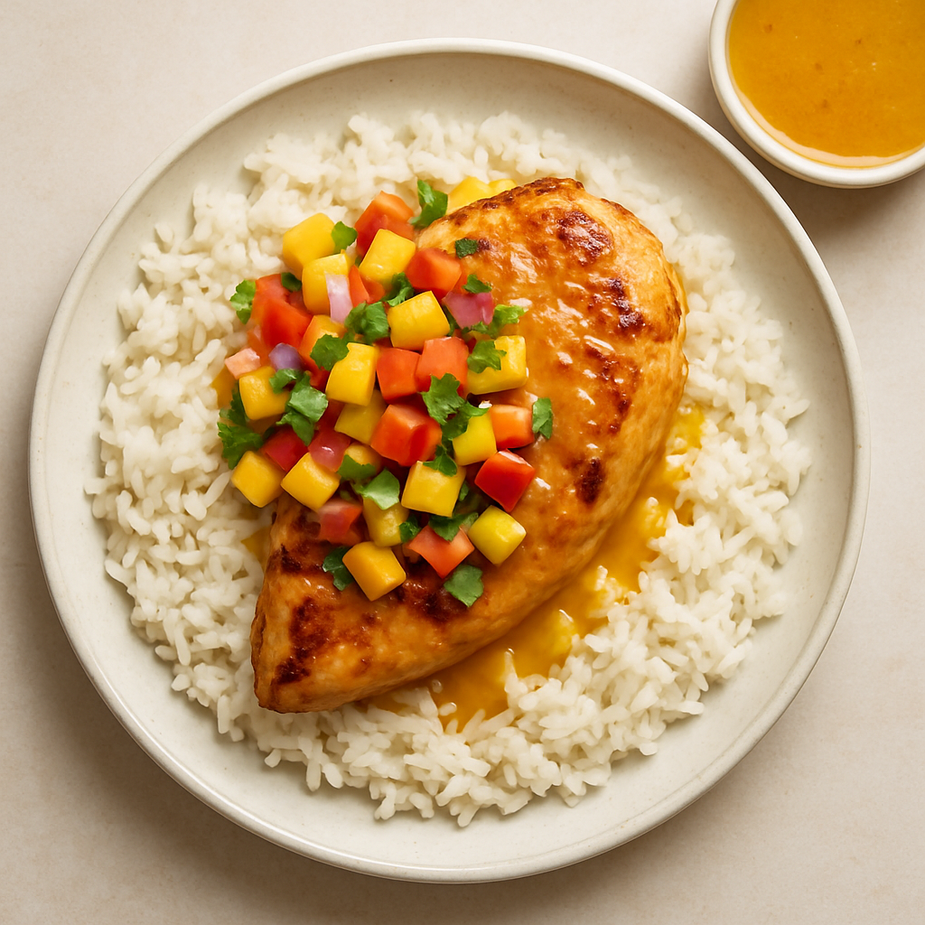 Pechuga de Pollo Caribeño con Arroz de Coco y Salsa de Mango