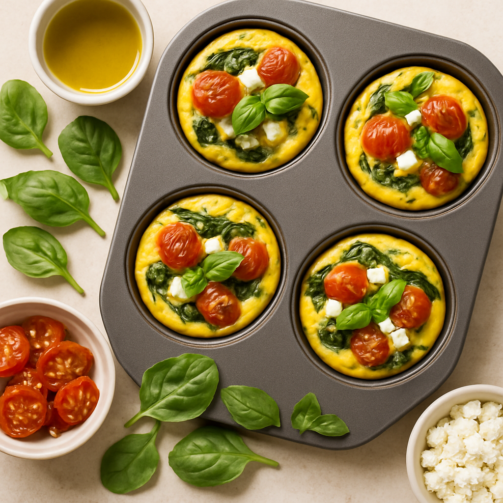 Mini Frittata Horneada con Tomates Salteados al Ajo, Espinacas, Albahaca y Queso Feta