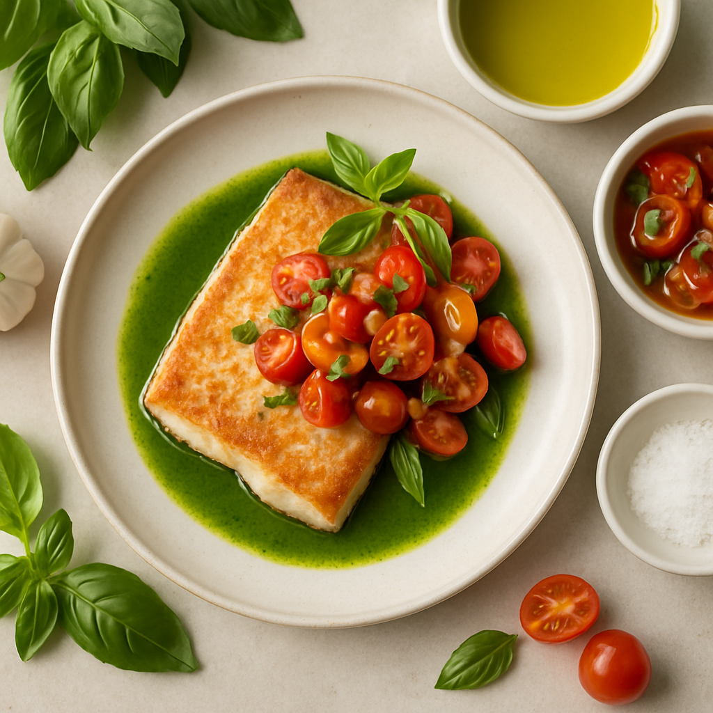 Pan-Seared Fish with Basil Oil & Cherry Tomato Vinaigrette