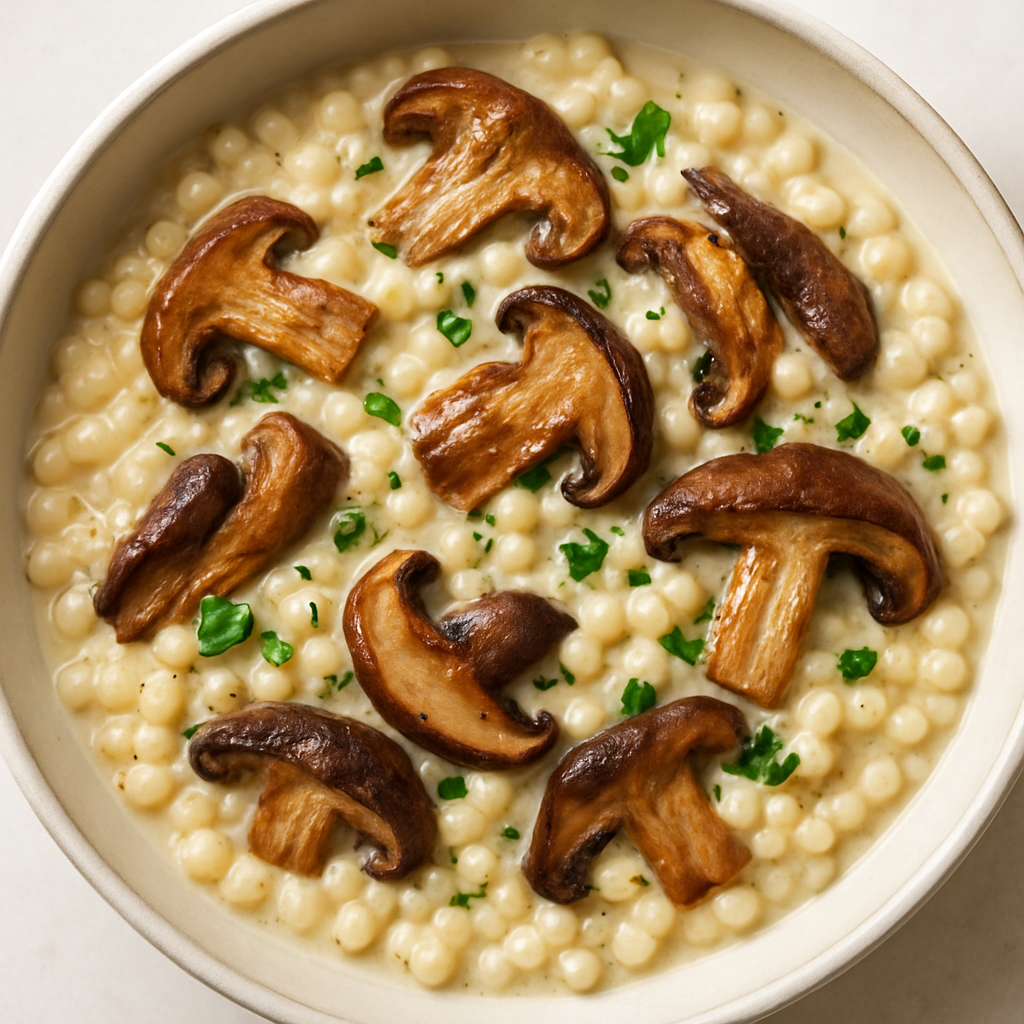 Creamy Israeli Couscous with Porcini and Shiitake Mushrooms