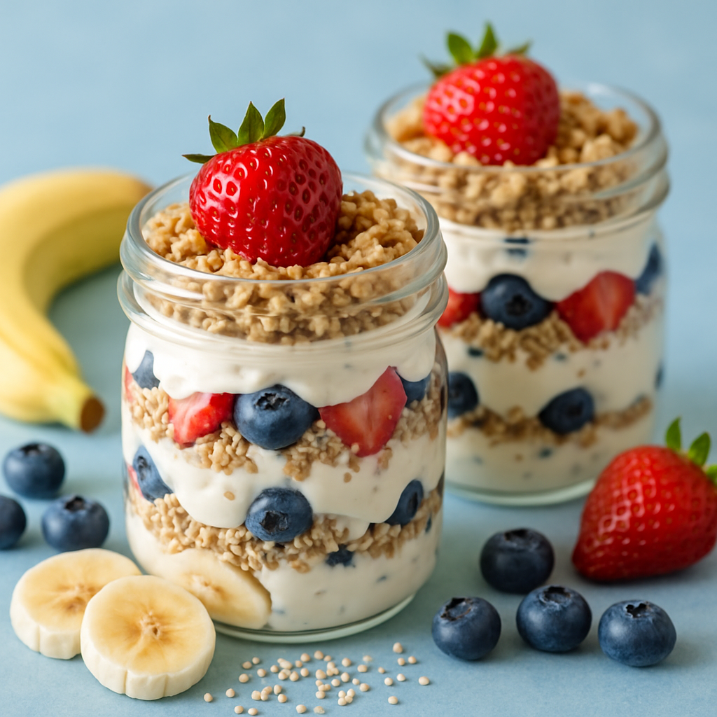 Parfaits de Yogur Griego y Quinua con Cheesecake de Plátano y Bayas