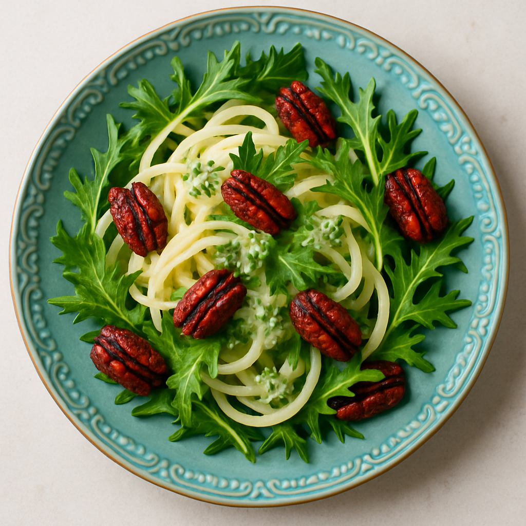 Pear Noodle, Mizuna Greens and Spiced Pecans with Parsley-Goat Cheese Vinaigrette