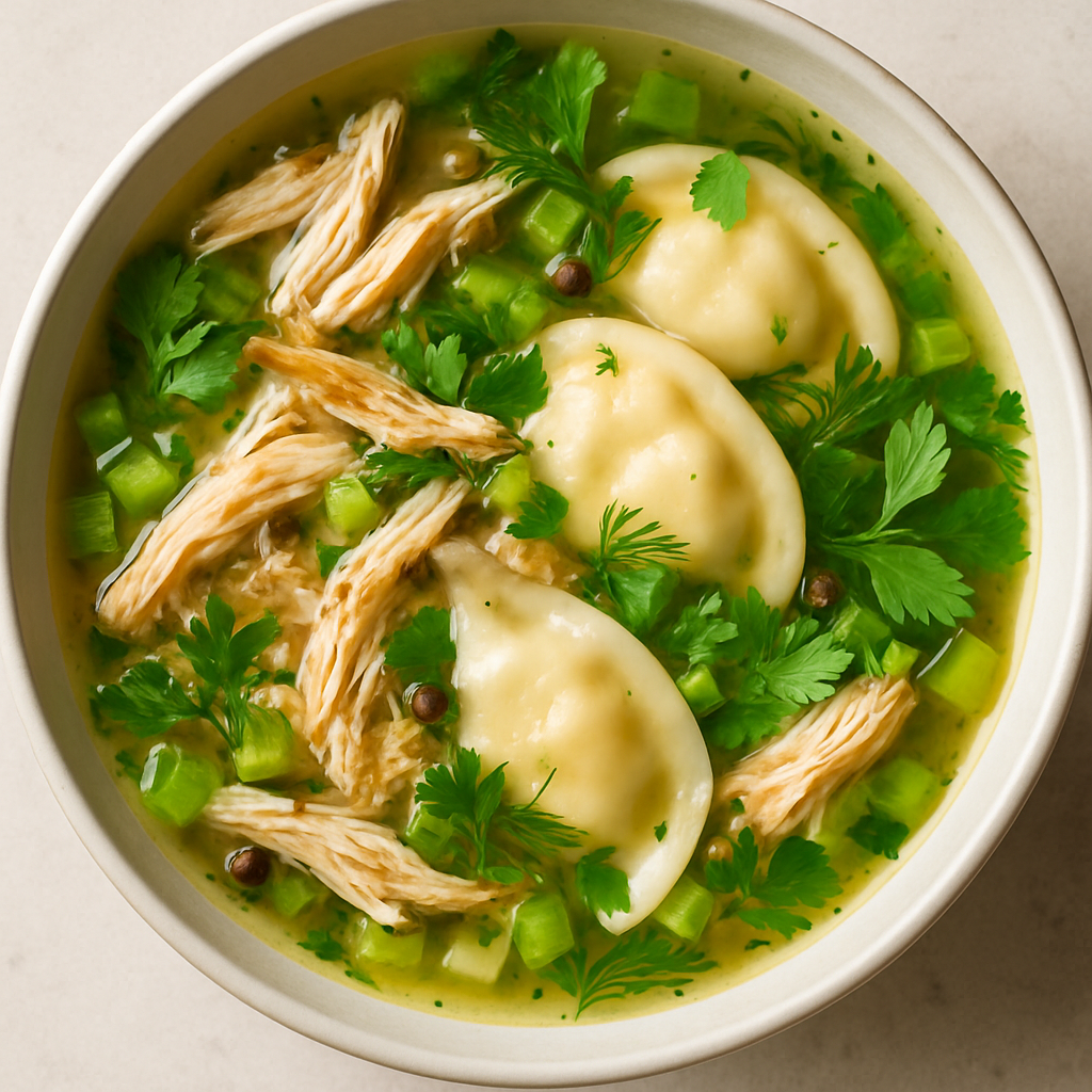 Rotisserie Chicken Soup with Pierogi and Fresh Herbs