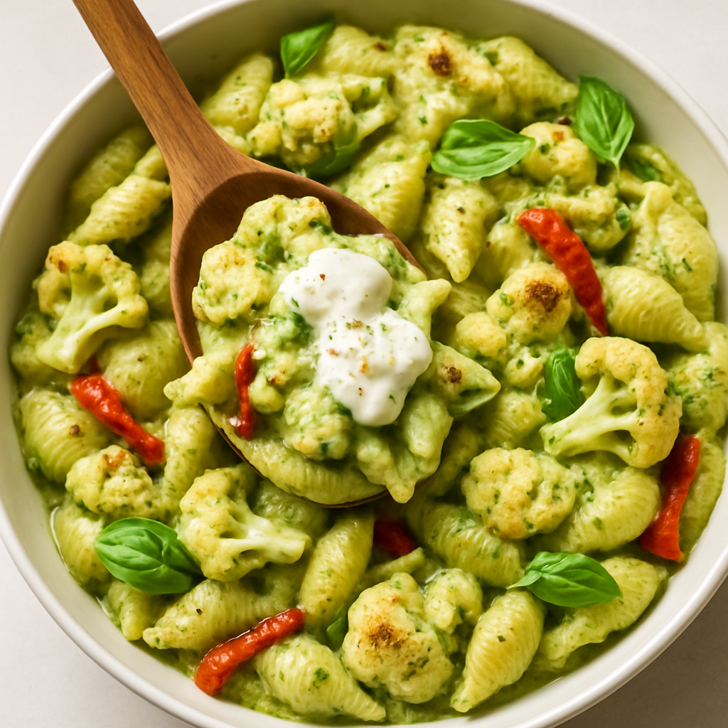 Creamy Cauliflower Pesto Shells with Burrata