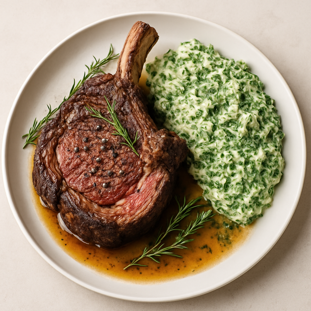 Roasted Dry-Aged Rib of Beef with Creamed Greens