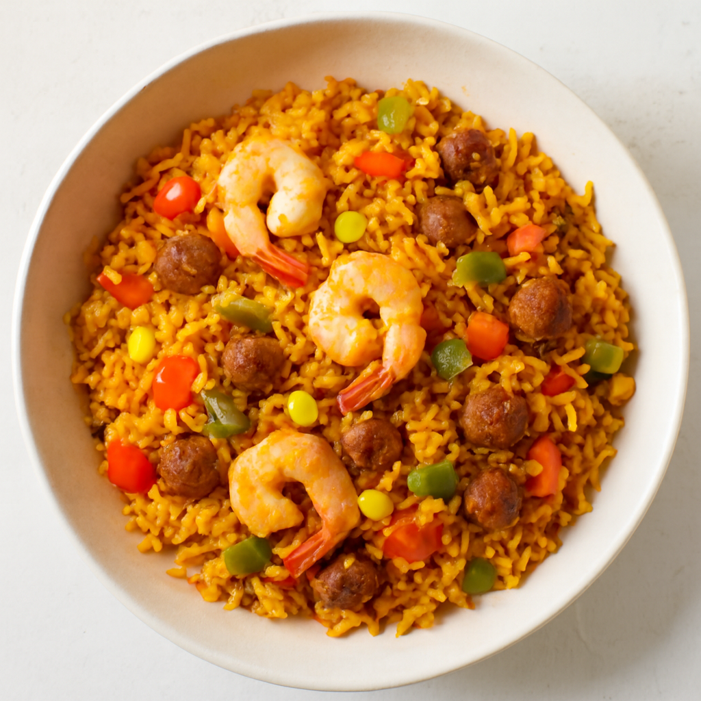Arroz a la Española con Pollo, Salchicha y Camarones