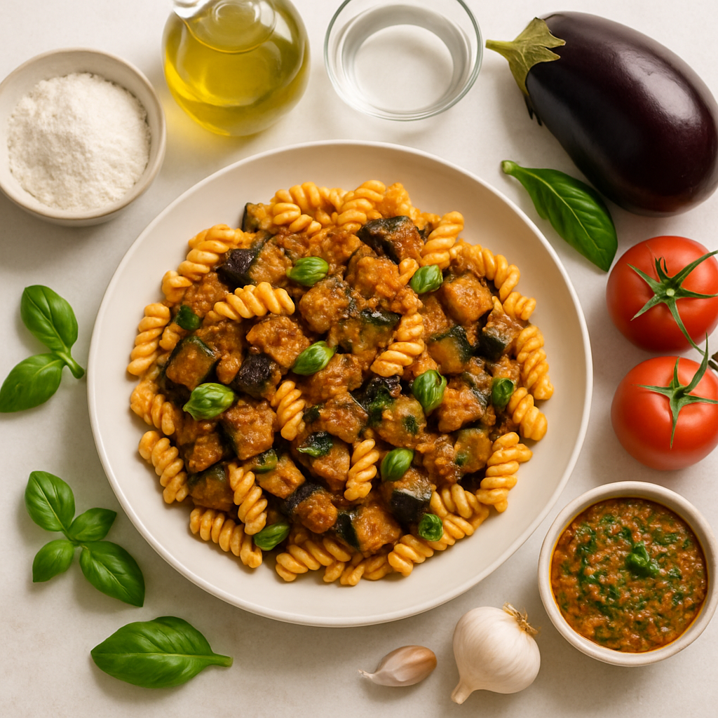 Corkscrew Pasta with Eggplant and Tomato-Basil Pesto