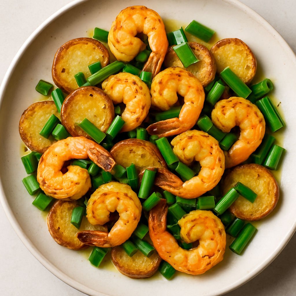 Camarones con Cebollitas y Papas Crujientes