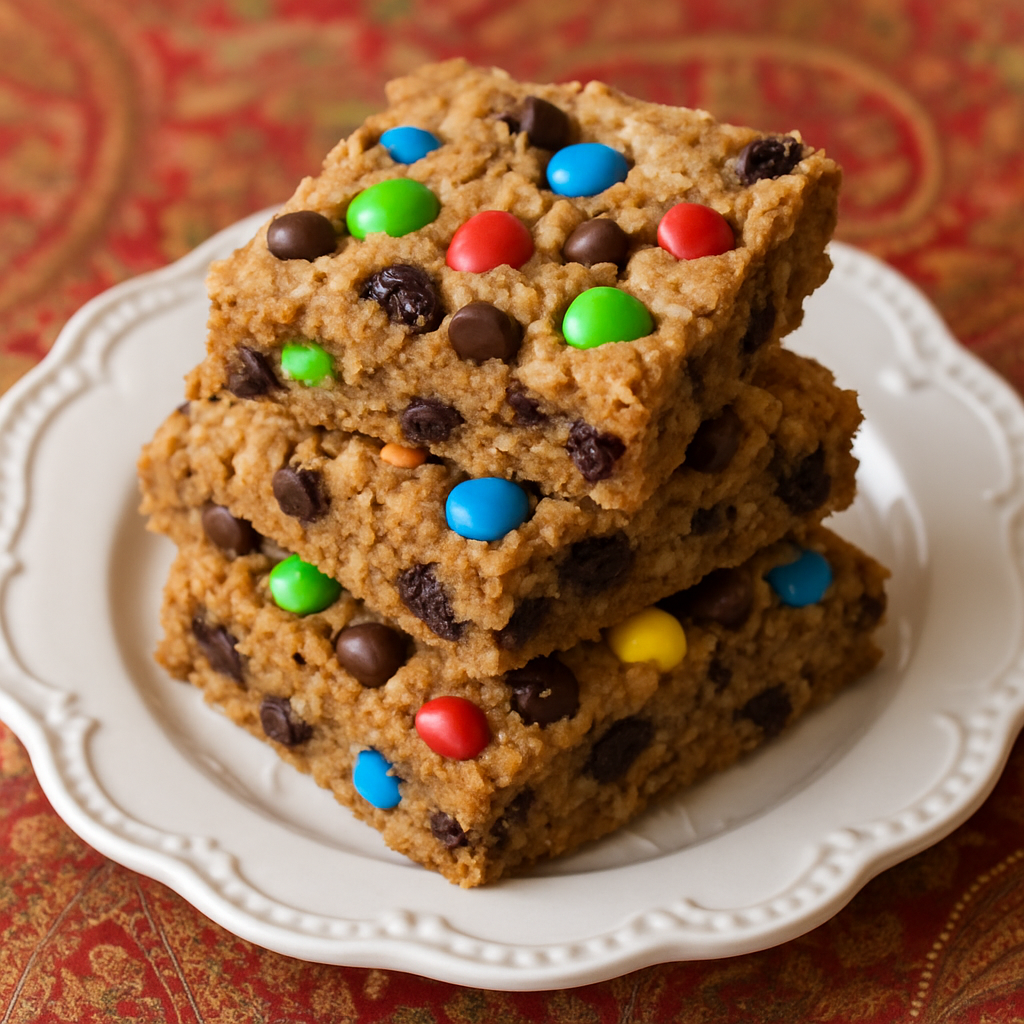 Chocolate Chip Coconut Oatmeal Bar Cookies with Dried Cherries and M&Ms