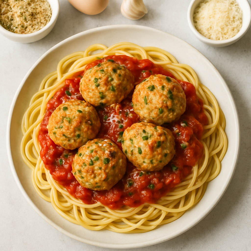 Baked Chicken Meatballs with Tomato Sauce and Spaghetti
