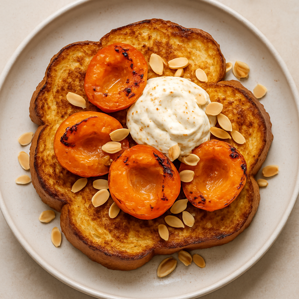 Challah French Toast with Roasted Apricots, Vanilla Mascarpone, and Toasted Almonds