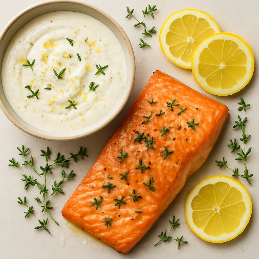 Salmón con Tomillo y Crema Agria de Tres Limones