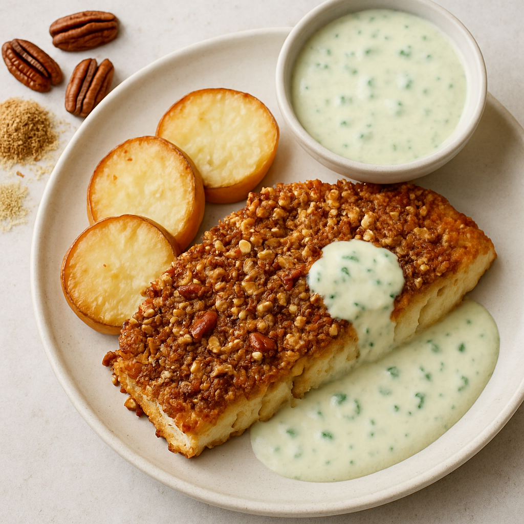 Pecan Boniato Crusted Fish with Jalapeno Cream Sauce