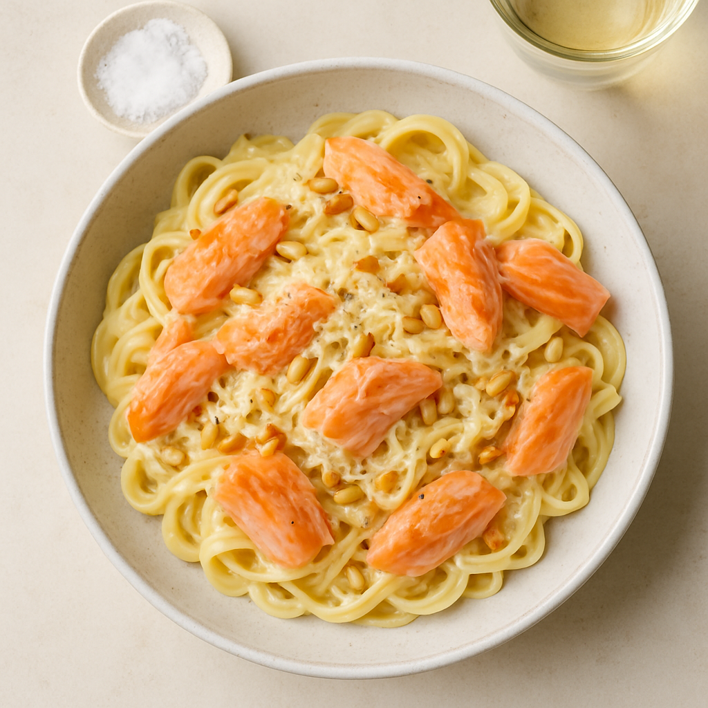 Salmón Ahumado en Caliente con Pasta Cremosa y Piñones