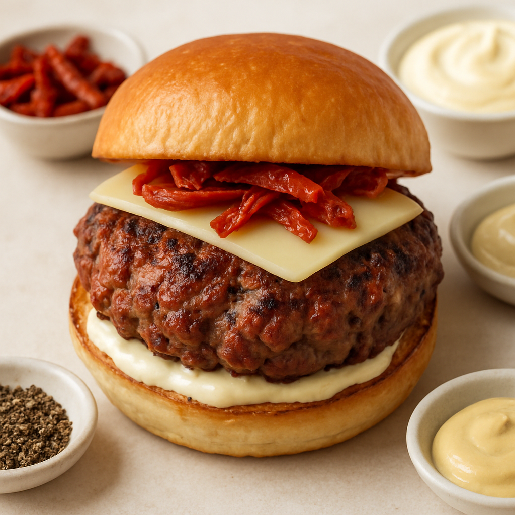Beef and Andouille Burgers with Asiago Cheese