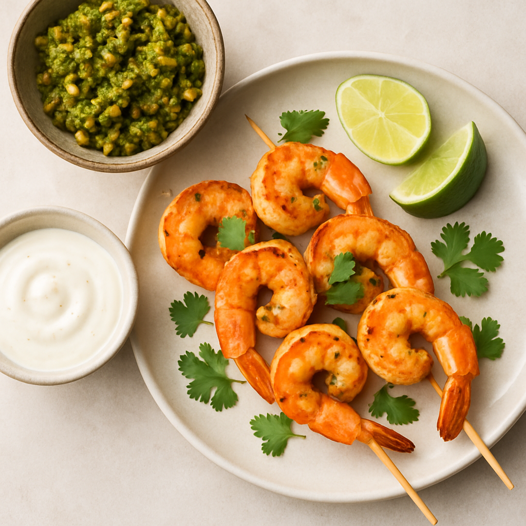 Brochetas de Camarones con Chutney de Pistacho Especiado