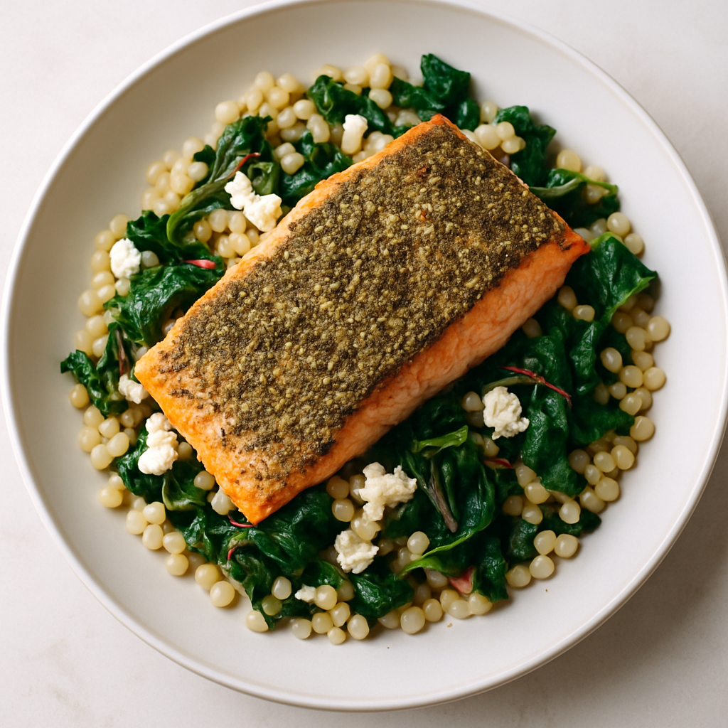 Pescado Crujiente con Za'atar, Cuscús Israelí, Acelgas y Queso Feta