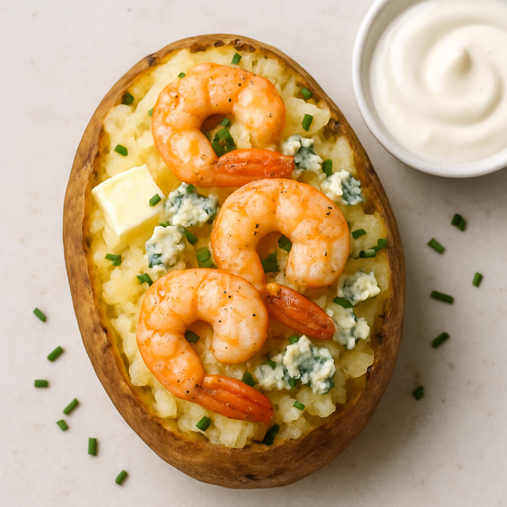 Papa Cocida Dos Veces Rellena de Camarones y Queso Azul