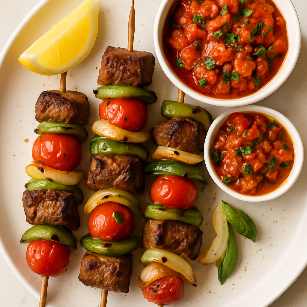 Brochetas de Cerdo a la Parrilla con Relish de Tomate Asado