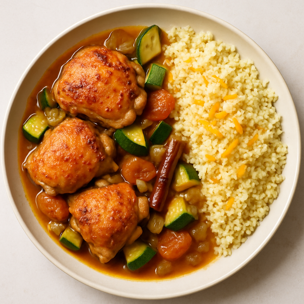 Pollo Braseado Marroquí con Albaricoque y Cuscús con Ralladura de Naranja