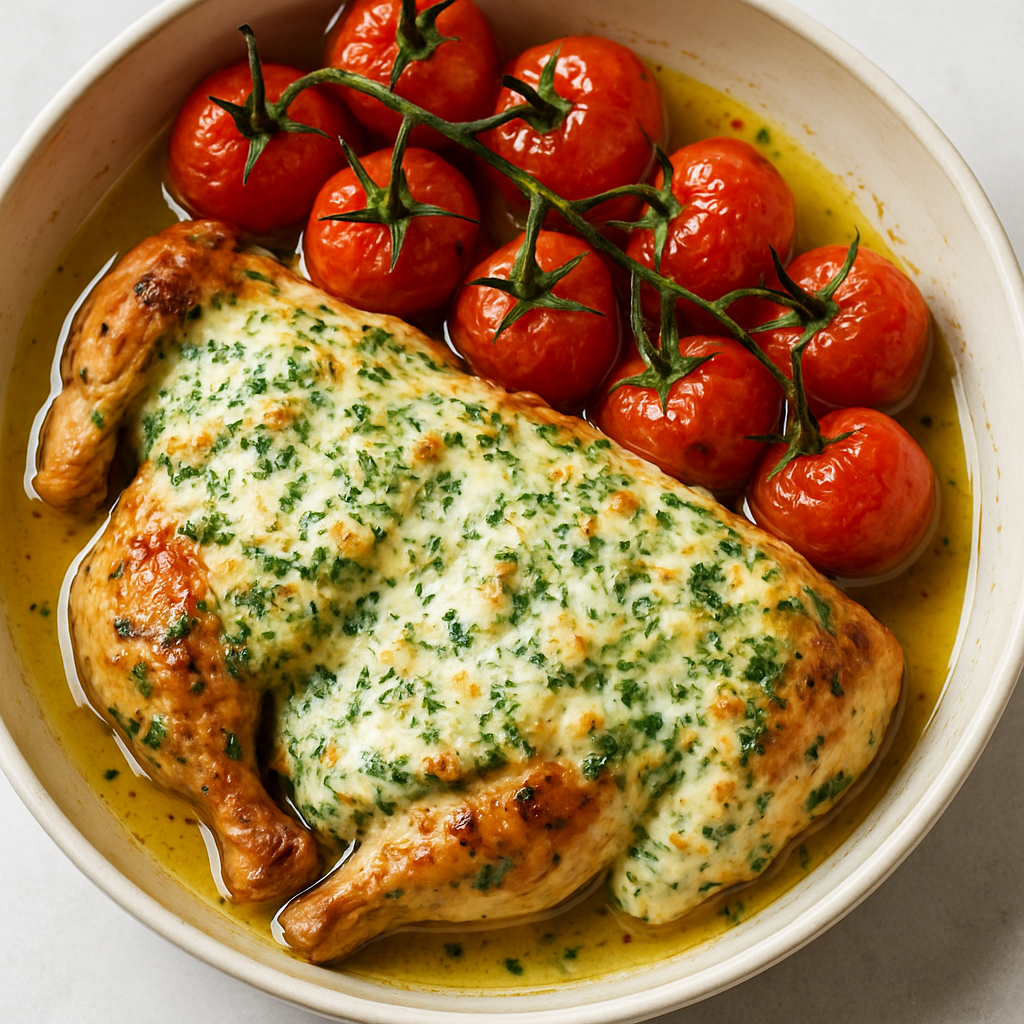 Pollo Asado con Queso de Hierbas y Tomates al Horno