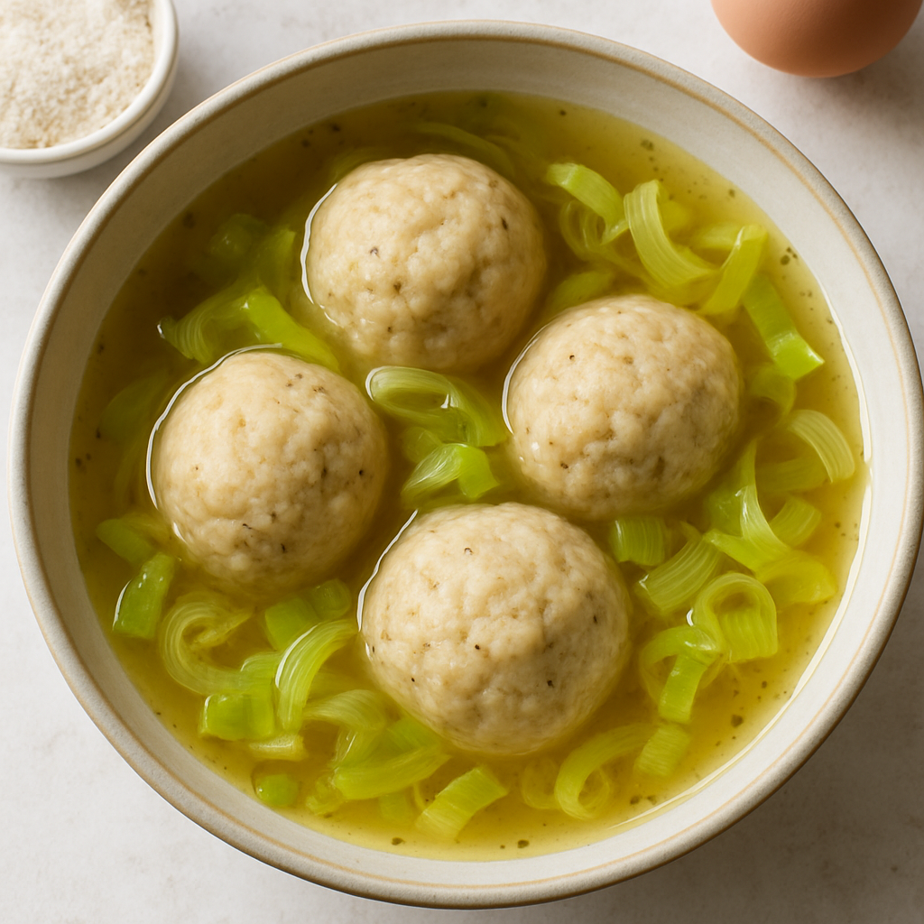 Sopa de Albóndigas de Matzo con Puerros