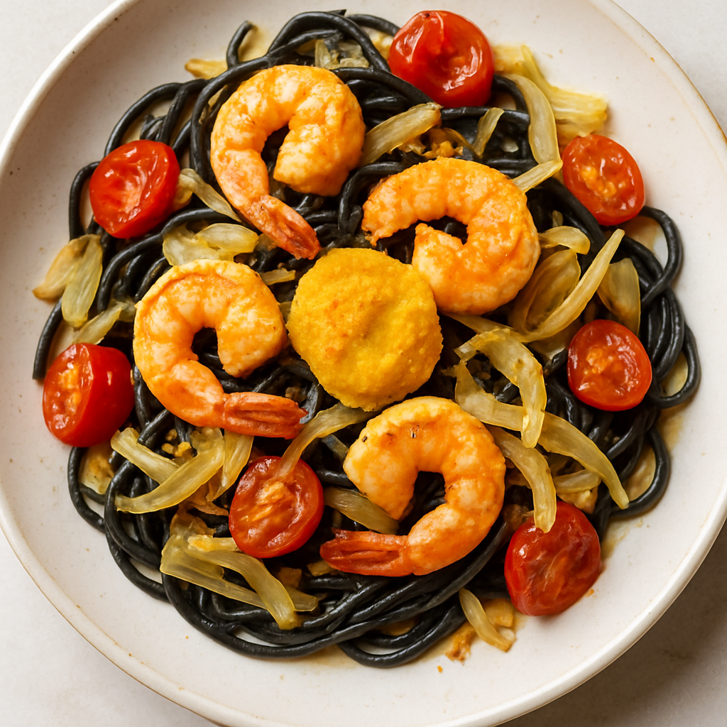 Pasta de Tinta de Calamar con Camarones, Hinojo, Tomates y Mantequilla de Bottarga