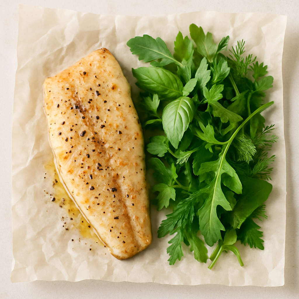 Pescado a la Sartén sobre Papel Pergamino con Ensalada de Hierbas
