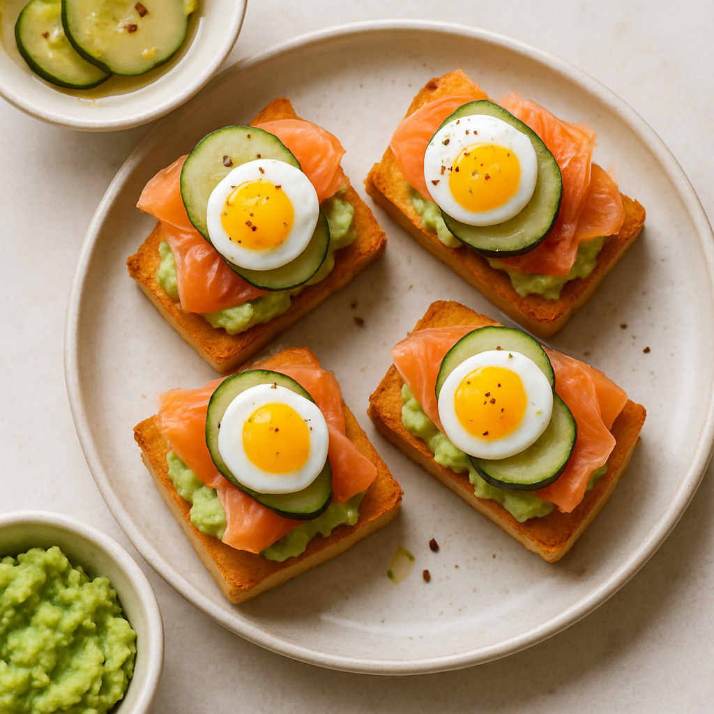 Camarones de Huevo de Codorniz con Salmón Ahumado, Aguacate y Pepinos Encurtidos