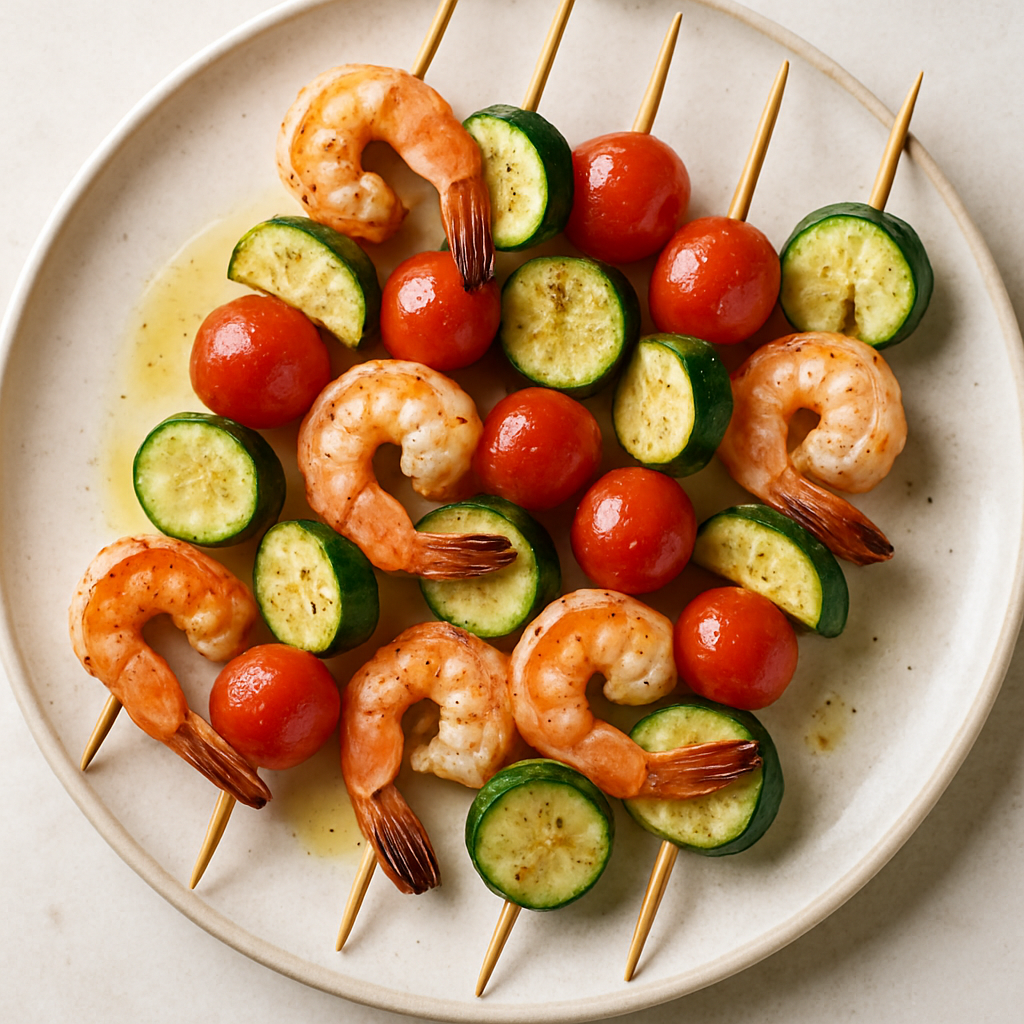 Pinchos de Camarones, Calabacín y Tomate