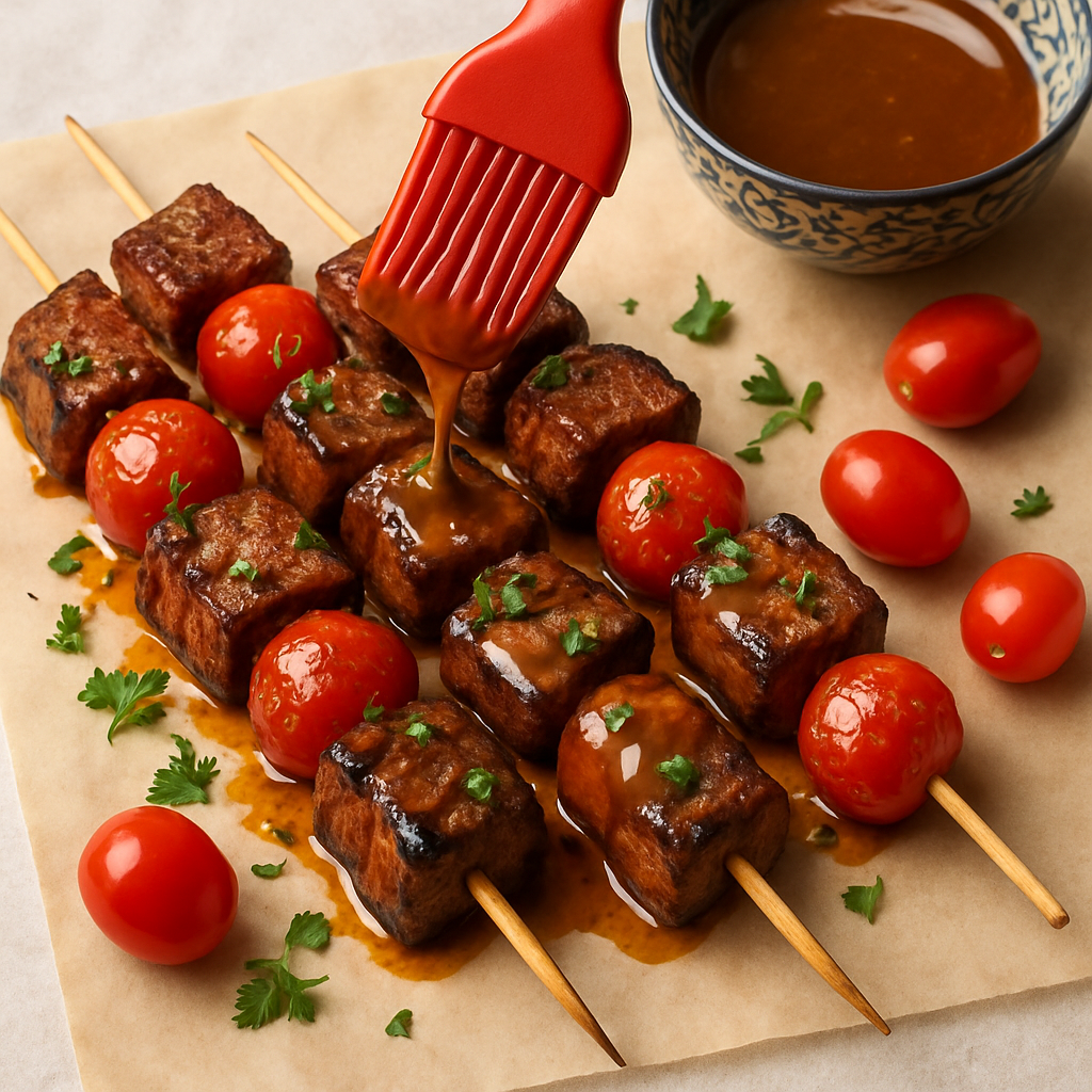Pinchos de Res Asados con Mostaza Picante de Miel y Sriracha