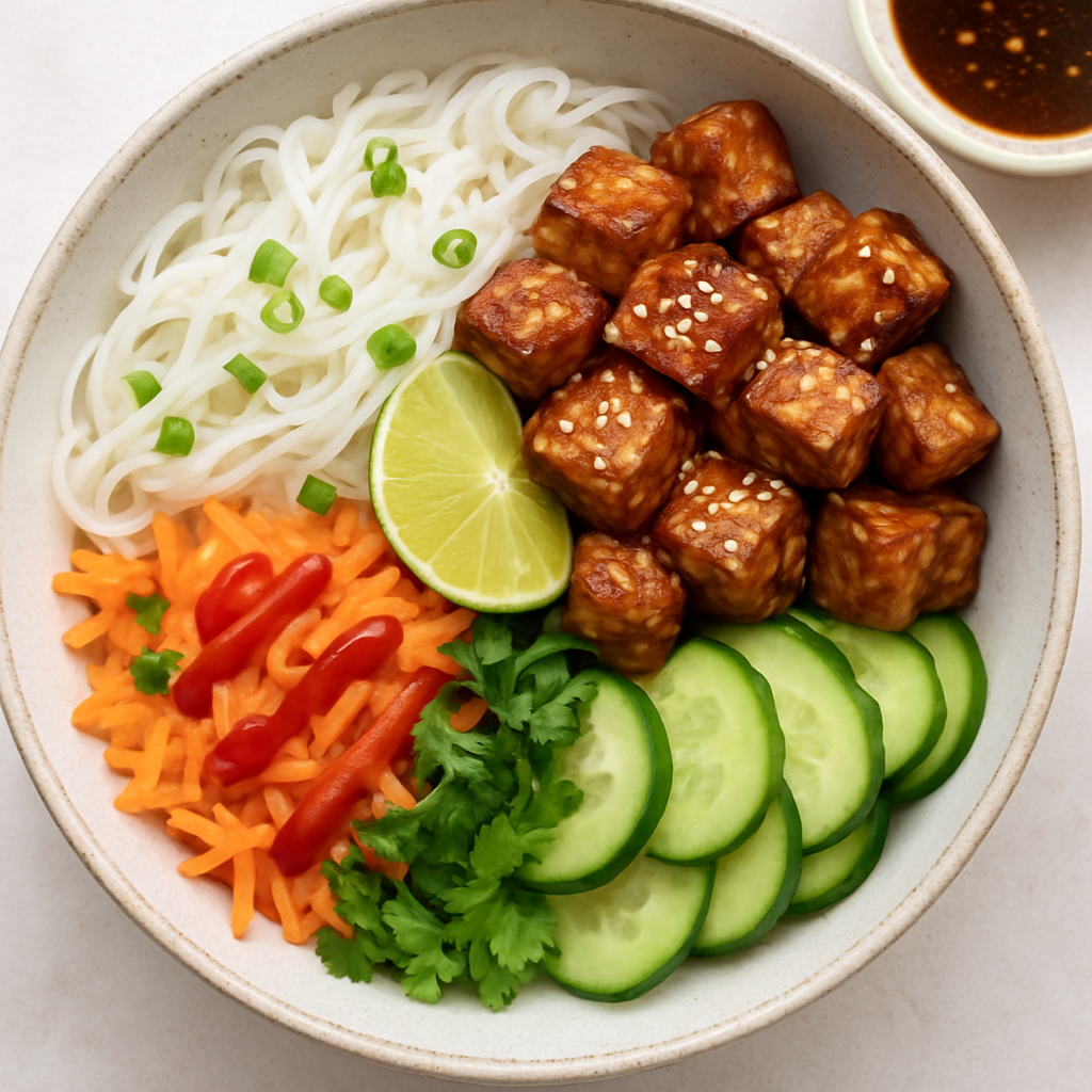 Tazón de Fideos de Arroz Vietnamita con Tempeh de Sésamo