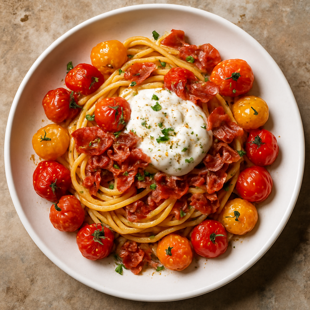 Carbonara de Tomates Cherry Asados con Ajo y Hierbas, Jamón Crujiente y Burrata